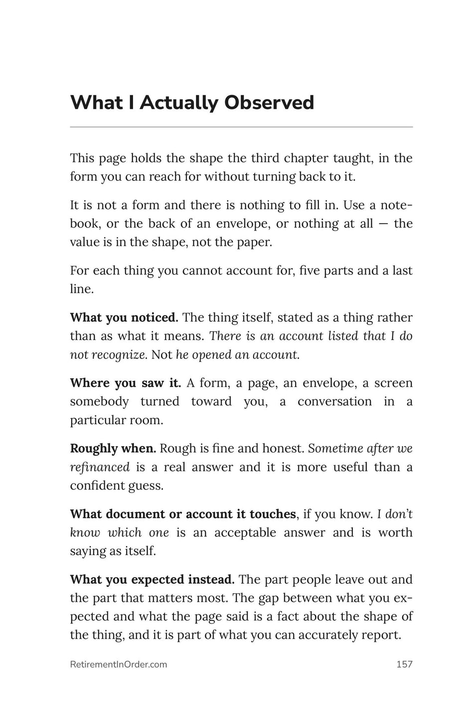 What I actually observed — five parts and a last line