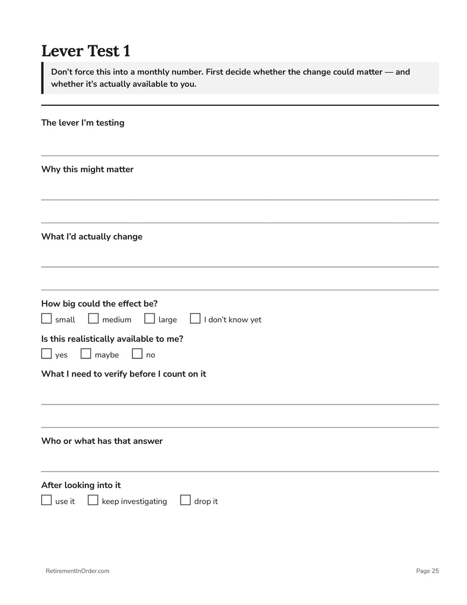 Retirement Catch-Up Workbook — Lever Test 1 — one page per change you test
