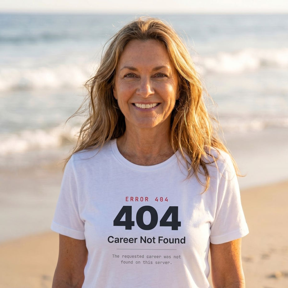 The Career Not Found tee, worn at home